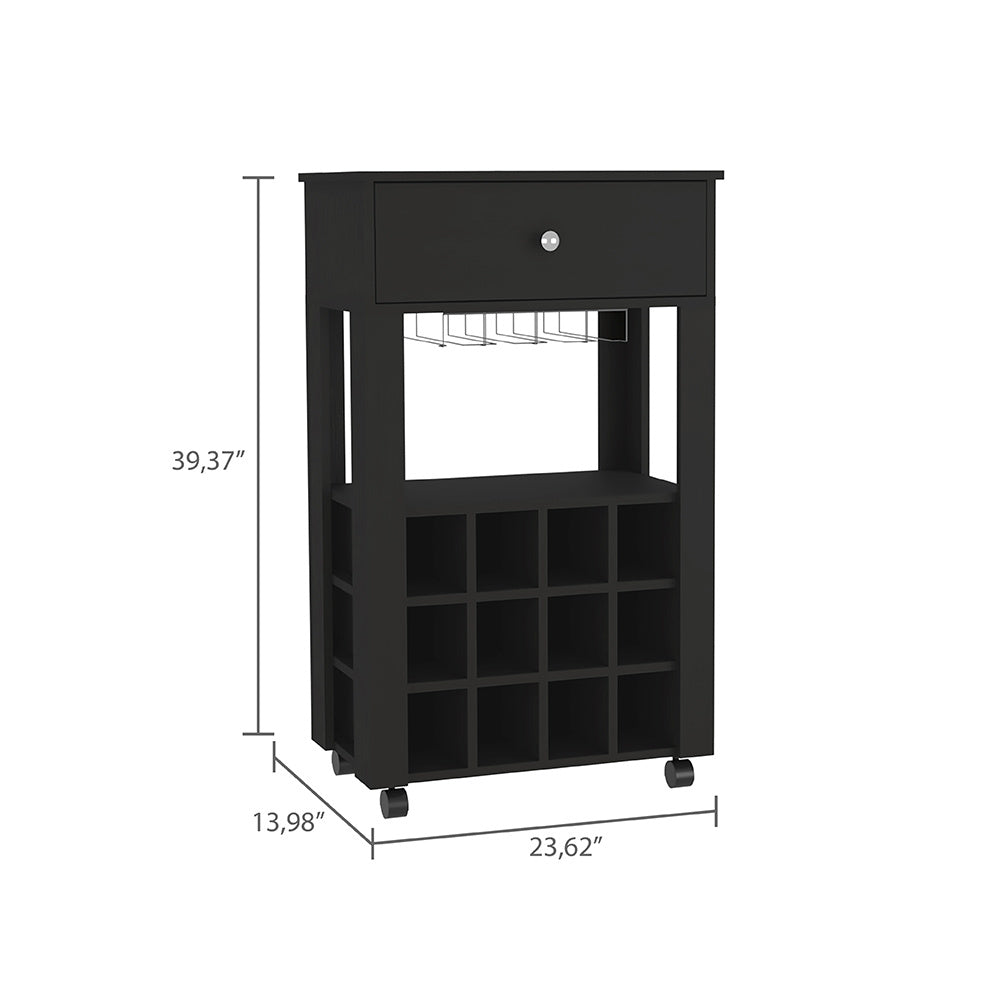 Bar Cart Bayamon, Twelve Wine Cubbies, Four Legs, Black Wengue FinishDobaDealsexpress.shopBar Cart Bayamon, Twelve Wine Cubbies,Specification
Main Color:Black
Main Material:Particle Board
Details
Product Features:
Twelve Wine Cubbies
Four Legs
One Open Shelf
Superior Top 27,44''
Our furniture