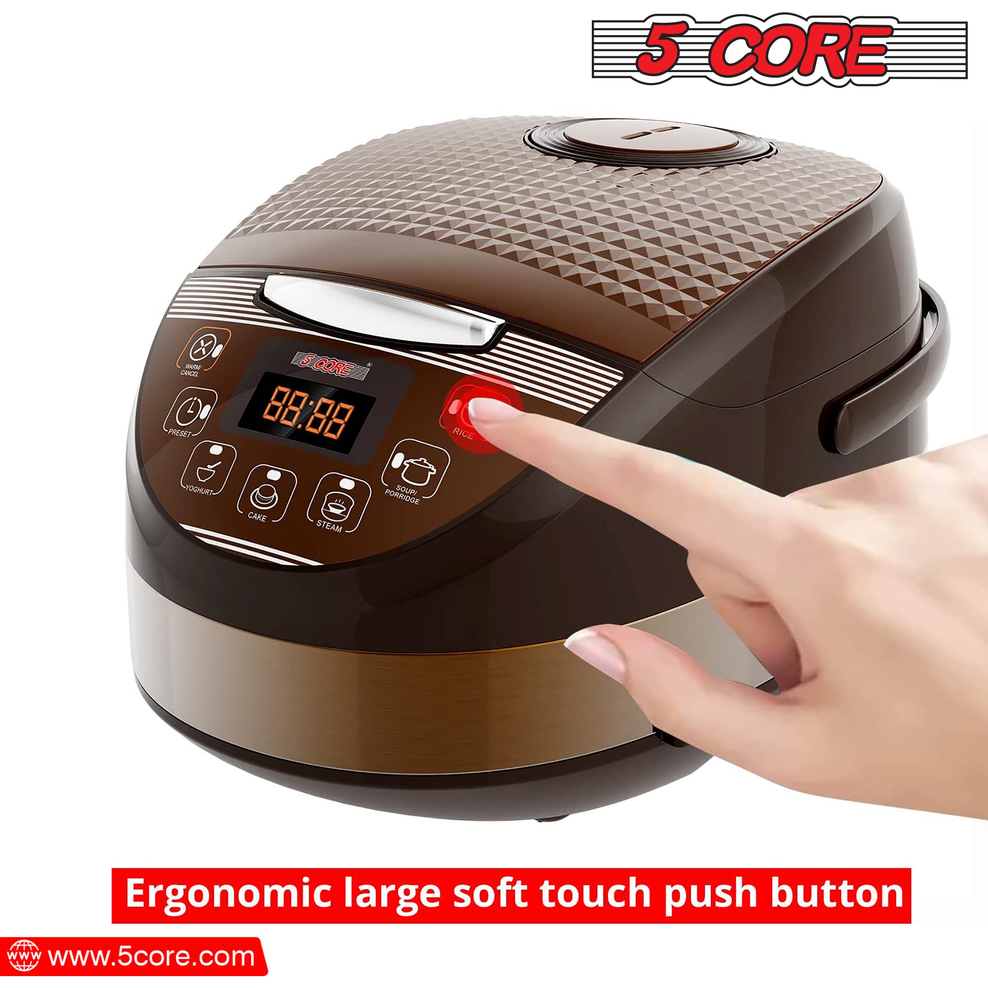 5 Core 5.3Qt Asian Rice Cooker Digital Programmable 15-in-1 Ergonomic DobaDealsexpress.shop-1 Ergonomic Large Touch Screen Electric Multi Cooker Slow Cooker Steamer Pot Warmer 11 Cups 24 Hour Delay Timer AutoHighlights
With the help of an electric rice cooker, you can prepare everything from a filling jambalaya, steamed vegetables, rice, decadent cake, Stew Pot, Steamer,