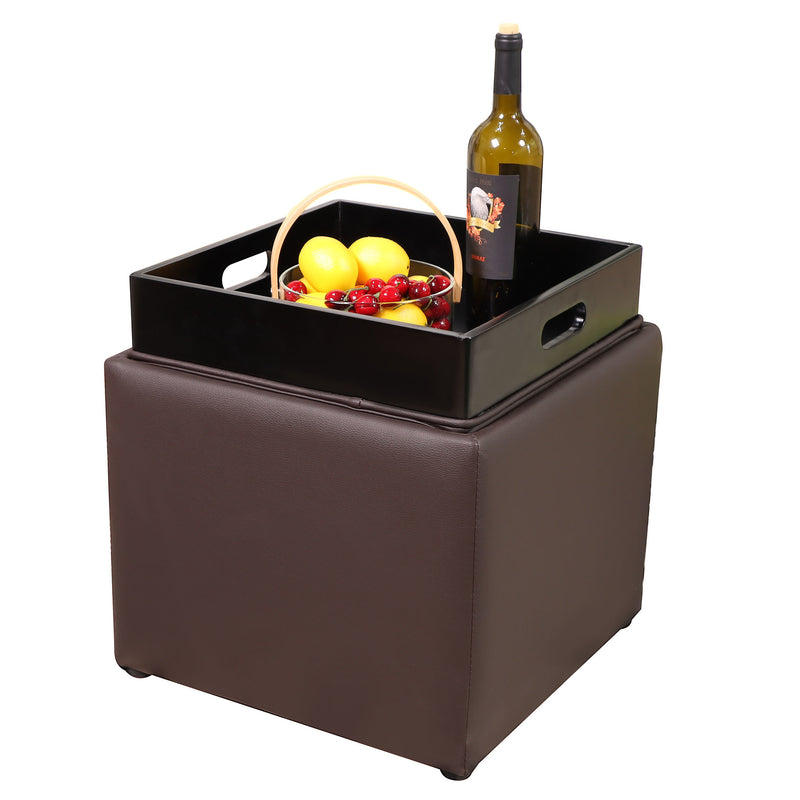 Square Storage Ottoman with Tray Faux Leather Upholstered Footrest Stool, Seat as Side Coffee Table for Living Room