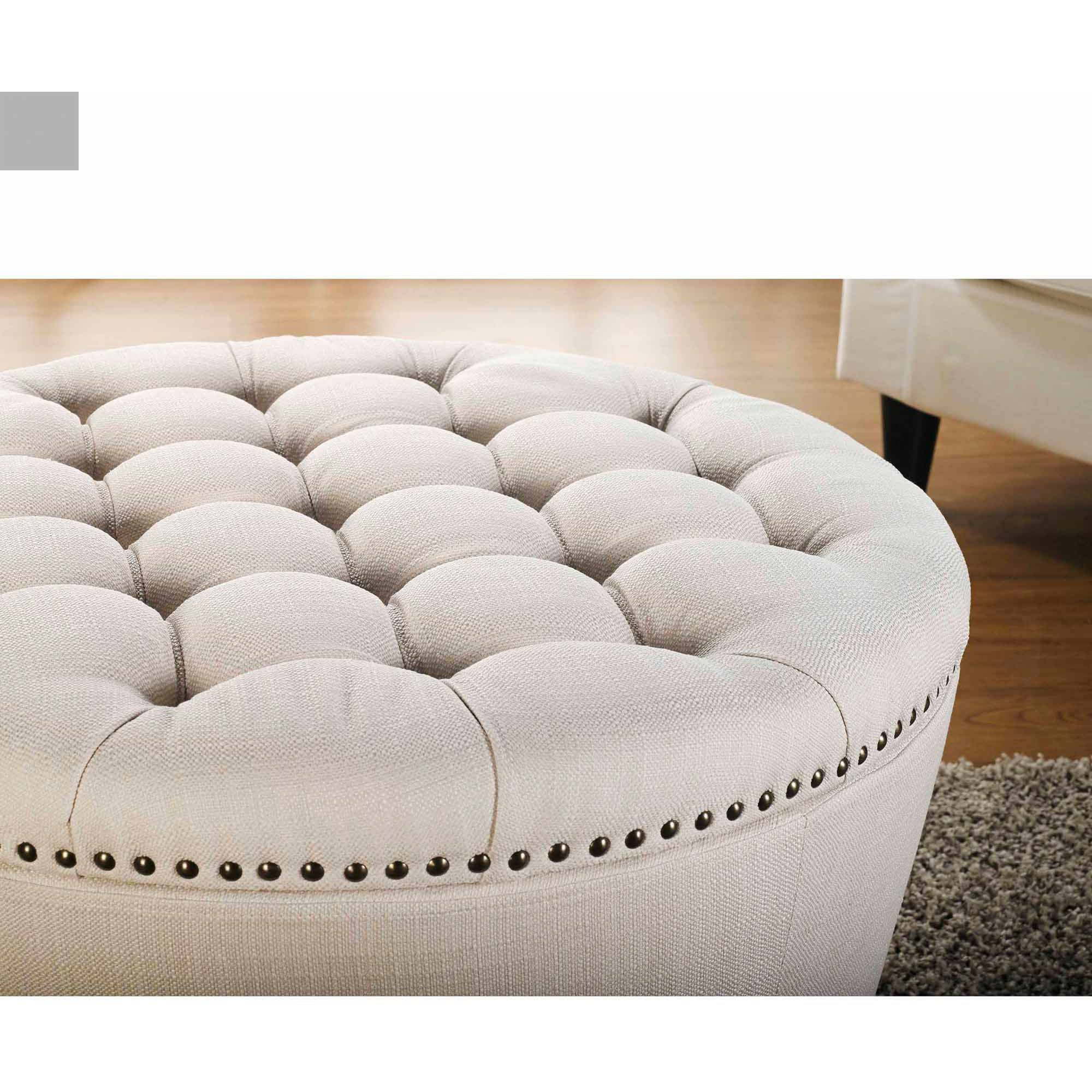 Round Tufted Storage Ottoman with NailheadsDobaDealsexpress.shopRound Tufted Storage OttomanHighlights
Features a tapered base, a chic tufted top in linen upholstery and nail head detailing
Top is generously padded for comfortable seating
Top is easily remo