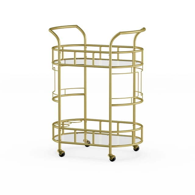 Fitzgerald Bar Cart with Matte Gold Metal Finish, 2-TiersDobaDealsexpress.shopFitzgerald Bar CartHighlights
2 Levels of glass shelf
3 Rings for bottle storage
Rolling and locking casters
Transitional or Modern style
A bar serving cart is ideal for home or office