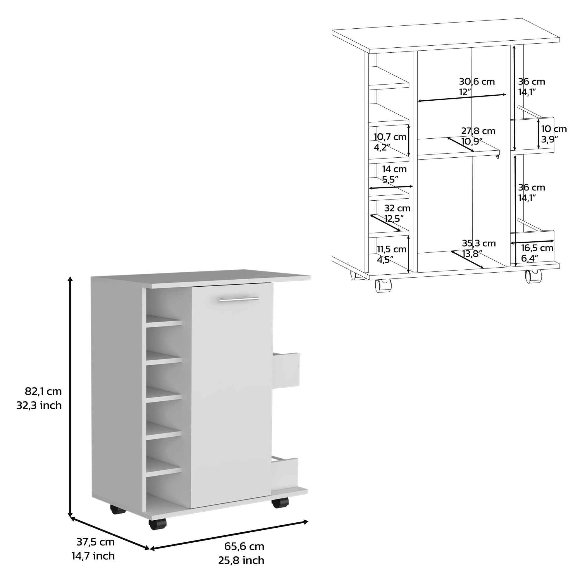 Bar Cart with Six-Wine Cubbies Cabot, Two-Side Storage Shelves and CasDobaDealsexpress.shop-Wine Cubbies Cabot,Specification
Main Color:White
Main Material:Particle Board
Details
Product Features:
The Cabot Bar Cart's smooth-rolling casters allow for easy transportation and e