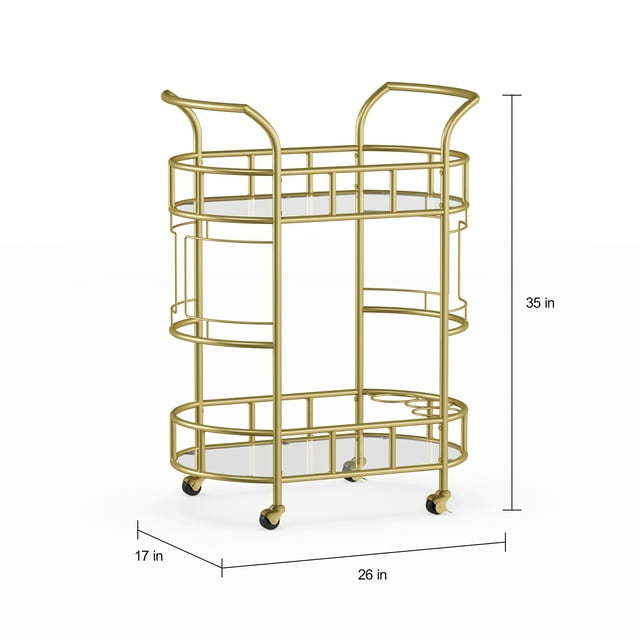 Fitzgerald Bar Cart with Matte Gold Metal Finish, 2-TiersDobaDealsexpress.shopFitzgerald Bar CartHighlights
2 Levels of glass shelf
3 Rings for bottle storage
Rolling and locking casters
Transitional or Modern style
A bar serving cart is ideal for home or office