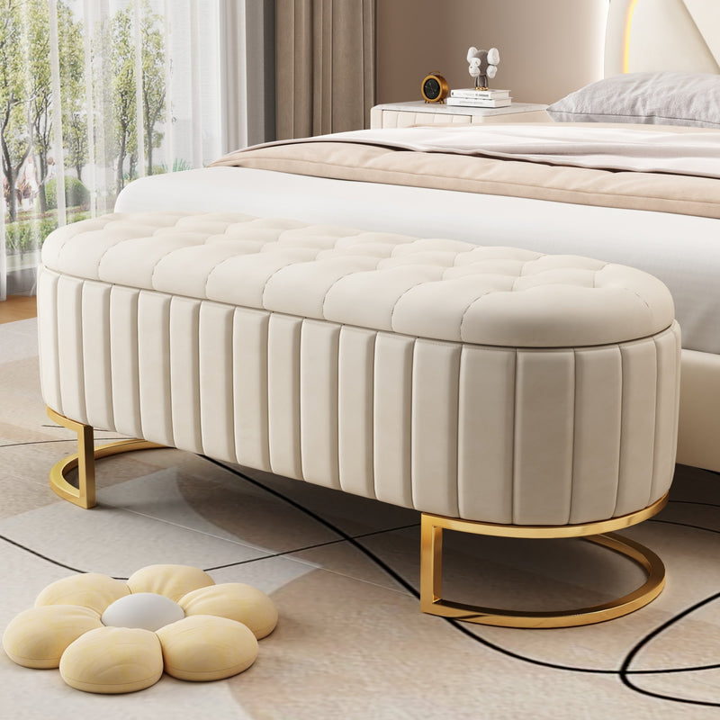 Elegant Upholstered Velvet Storage Ottoman with Button-Tufted,Storage Bench with Metal Legs for Bedroom,Living Room,Fully Assembled Except Legs