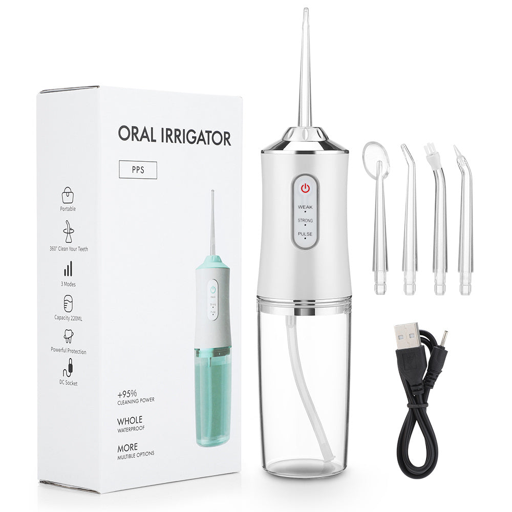 Oral Irrigator Portable Dental Water Flosser USB Rechargeable Water JeDobaDealsexpress.shopOral Irrigator Portable Dental Water Flosser USB Rechargeable Water Jet Floss Tooth Pick 4 Jet Tip 220ml 3 Modes IPX7 1400rpmDetails
Features:

1.The dental water flosser can efficiently reduce food residue; germs and dirt; helping people improve oral condition maintain oral health; ideal 