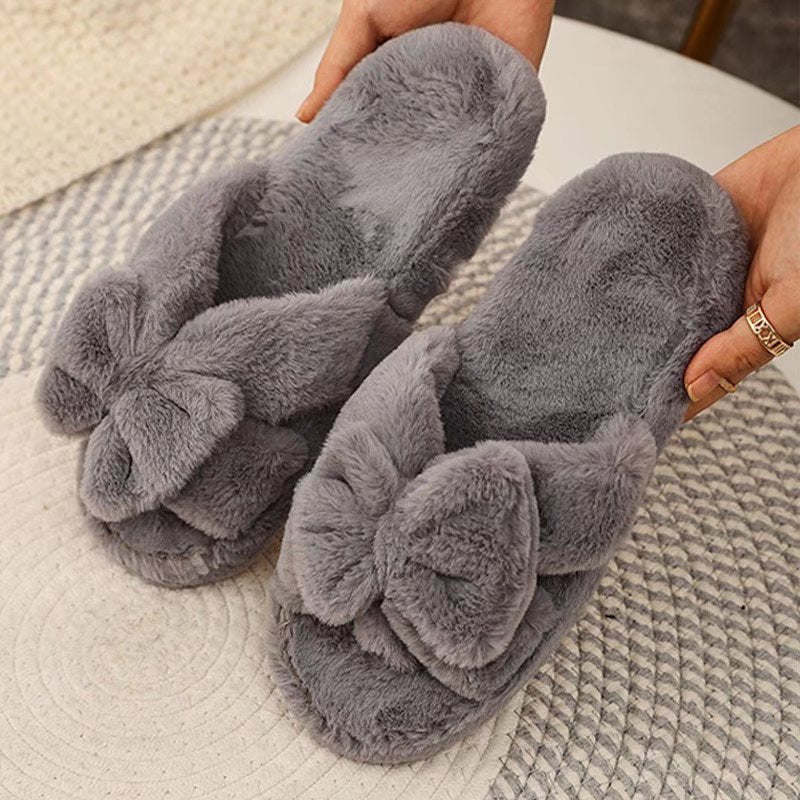 Women Slippers Winter Soft Bow Open Toe Home Cotton Shoes