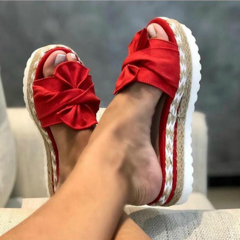 Women Slippers Summer 2020 Platform Wedges Mid Heels Bow Tie Peep Toe Fashion Slides Beach Outdoor Ladies Shoes Zapatos De Mujer