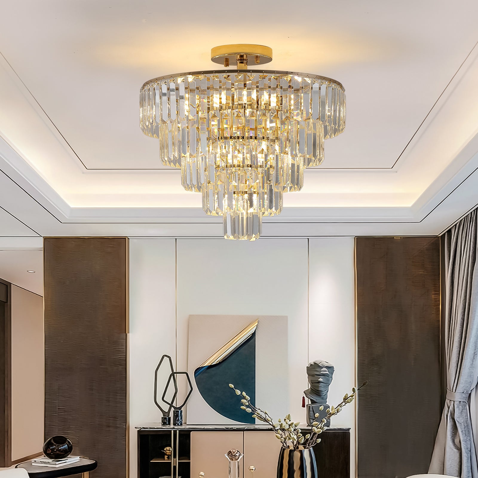 Gold Crystal Chandeliers,5-Tier Round Semi Flush Mount Chandelier LighDobaDealsexpress.shopGold Crystal Chandeliers,5-Tier Round Semi Flush Mount Chandelier Light Fixture,Large Contemporary Luxury Ceiling LightingHighlights
Modern Crystal Chandelier: Composed of premium K9 crystals and French gold finish metal base, clear crystal prisms on large round iron chrome finished fra