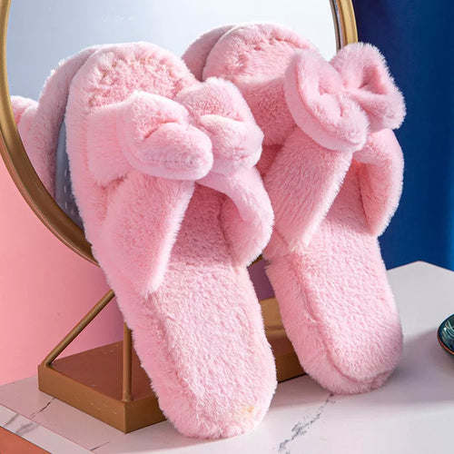 Women Slippers Winter Soft Bow Open Toe Home Cotton Shoes