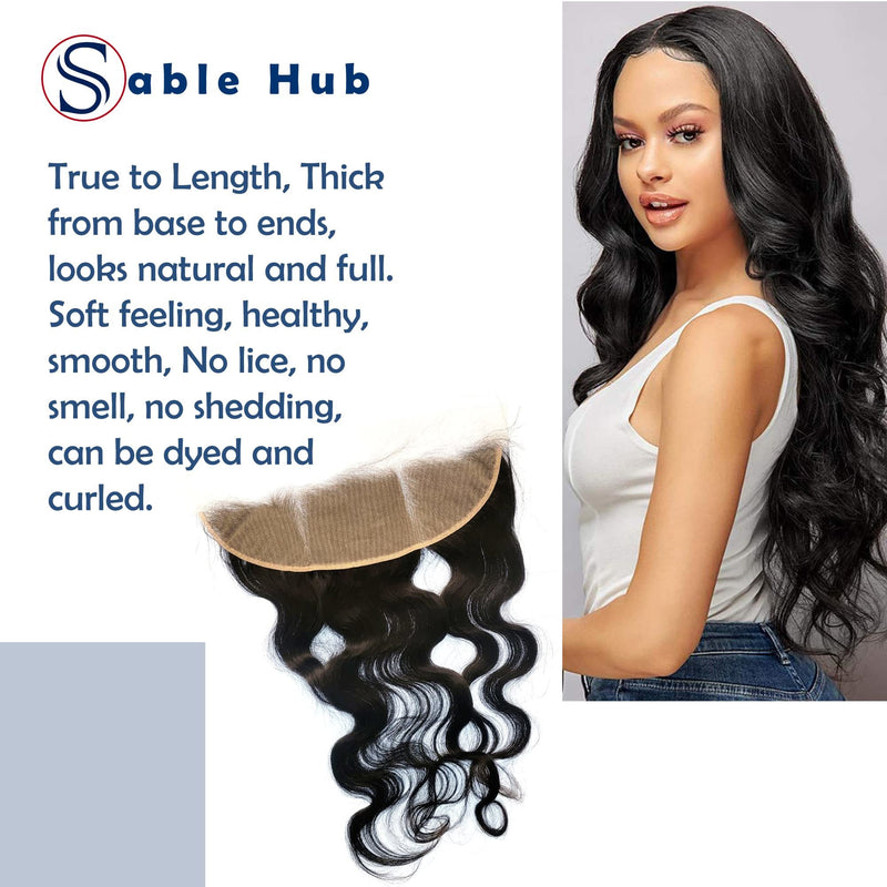 Sable Hub Frontal Lace Body Wave Women Hair Bundle | 100% Unprocessed Brazilian Hair Virgin Body Wave Pre Plucked Baby Hair Extension Ear to Ear Frontal Lace 150% Density - Natural Human Hair