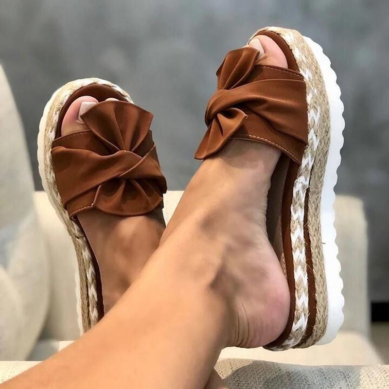 Women Slippers Summer 2020 Platform Wedges Mid Heels Bow Tie Peep Toe Fashion Slides Beach Outdoor Ladies Shoes Zapatos De Mujer