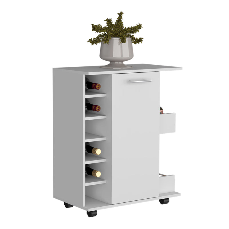 Bar Cart with Six-Wine Cubbies Cabot, Two-Side Storage Shelves and Casters, White Finish