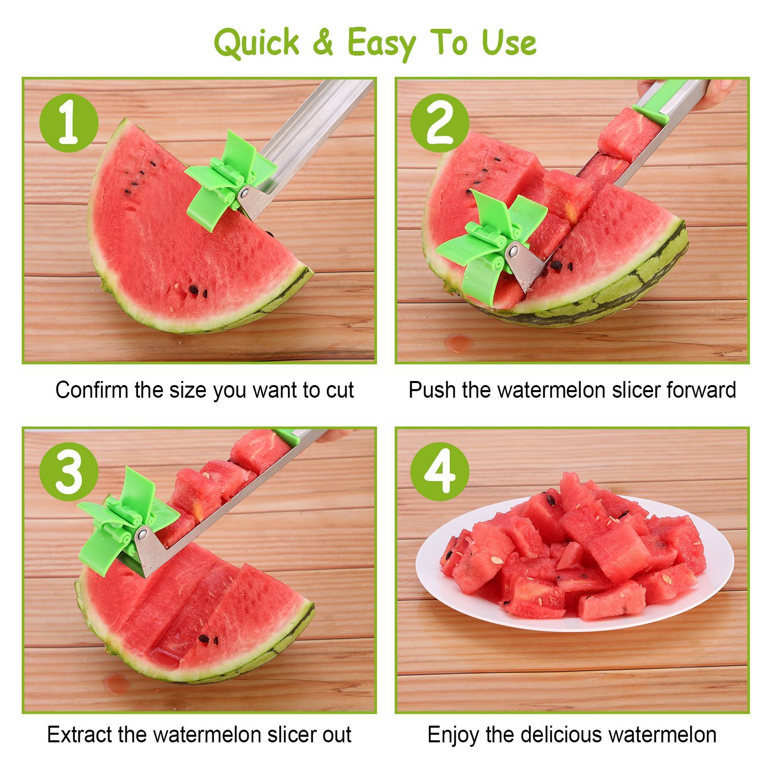 Watermelon Slicer Stainless Steel Watermelon Cubes Windmill Cutter MelDobaDealsexpress.shopWatermelon Slicer Stainless Steel Watermelon Cubes Windmill Cutter Melon Knife Fruit Tools Kitchen GadgetsHighlights
Eat and cut watermelon in an quicker and easier way
Make your own watermelon salad in one minute, enjoy refreshing watermelon cubes in Summer.
Food-grade 