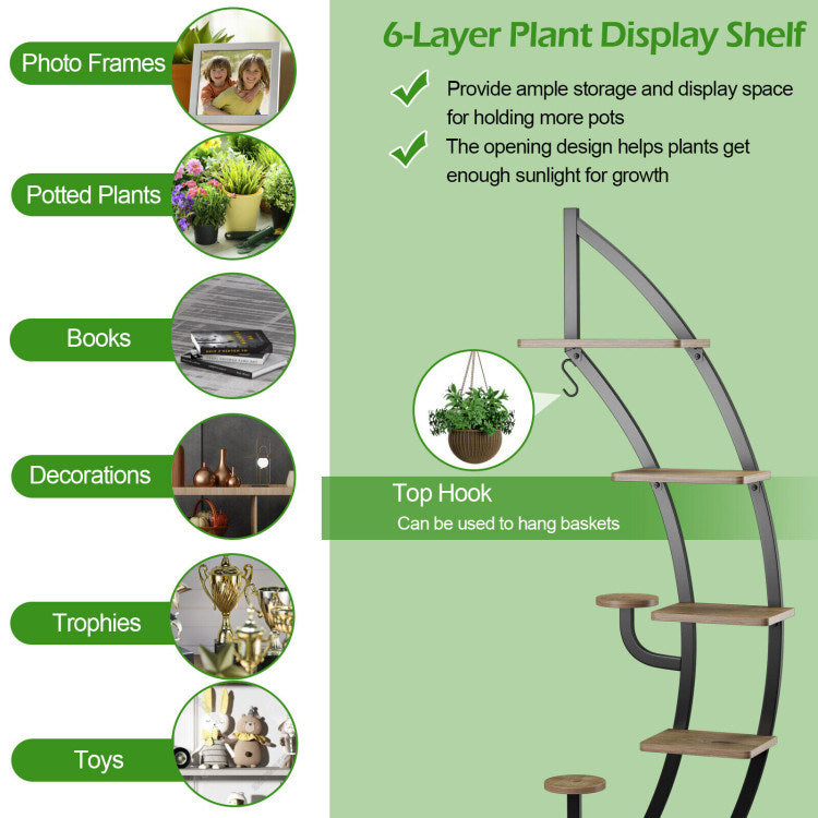 6-Tier 9 Potted Metal Plant Stand Holder Display Shelf with HookDobaDealsexpress.shop6-Tier 9 Potted Metal Plant Stand Holder Display ShelfHighlights
Multi-Layer Storage Space: The 6-tier moon half plant stand adopts a 6-layer ladder structure, which not only provides ample storage and display space for