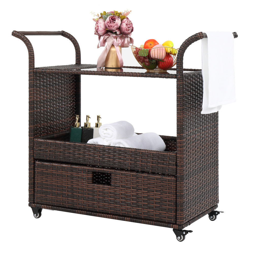 Outdoor Patio Wicker Rattan Serving Bar Cart Sideboard On Wheels XH