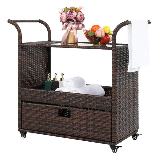Outdoor Patio Wicker Rattan Serving Bar Cart Sideboard On Wheels XHDobaDealsexpress.shopOutdoor Patio Wicker Rattan Serving Bar Cart SideboardDetails
Introductions:This Outdoor Patio Wicker Rattan Serving Bar Cart with Ice Bucket Wine Rack Brown is a best choice for you. It's made of brown synthetic resin 