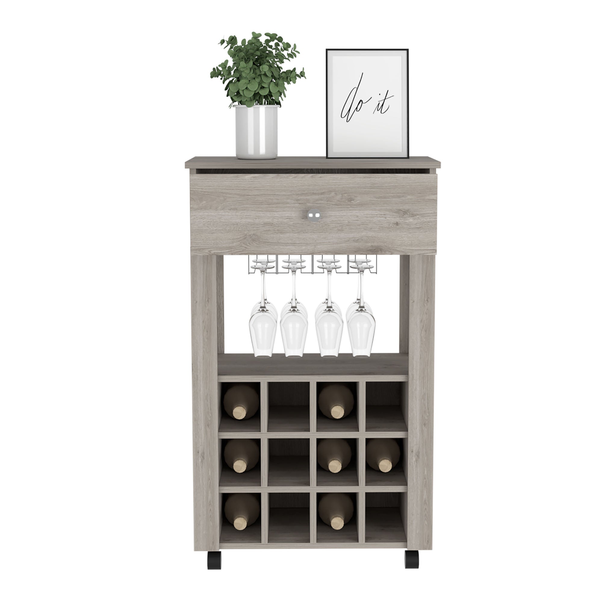 Bar Cart Bayamon, Twelve Wine Cubbies, Four Legs, Light Gray FinishDobaDealsexpress.shopBar Cart Bayamon, Twelve Wine Cubbies,Specification
Main Color:Gray
Main Material:Particle Board
Details
Product Features:
Twelve Wine Cubbies
Four Legs
One Open Shelf
Superior Top 27,44''
Our furniture 