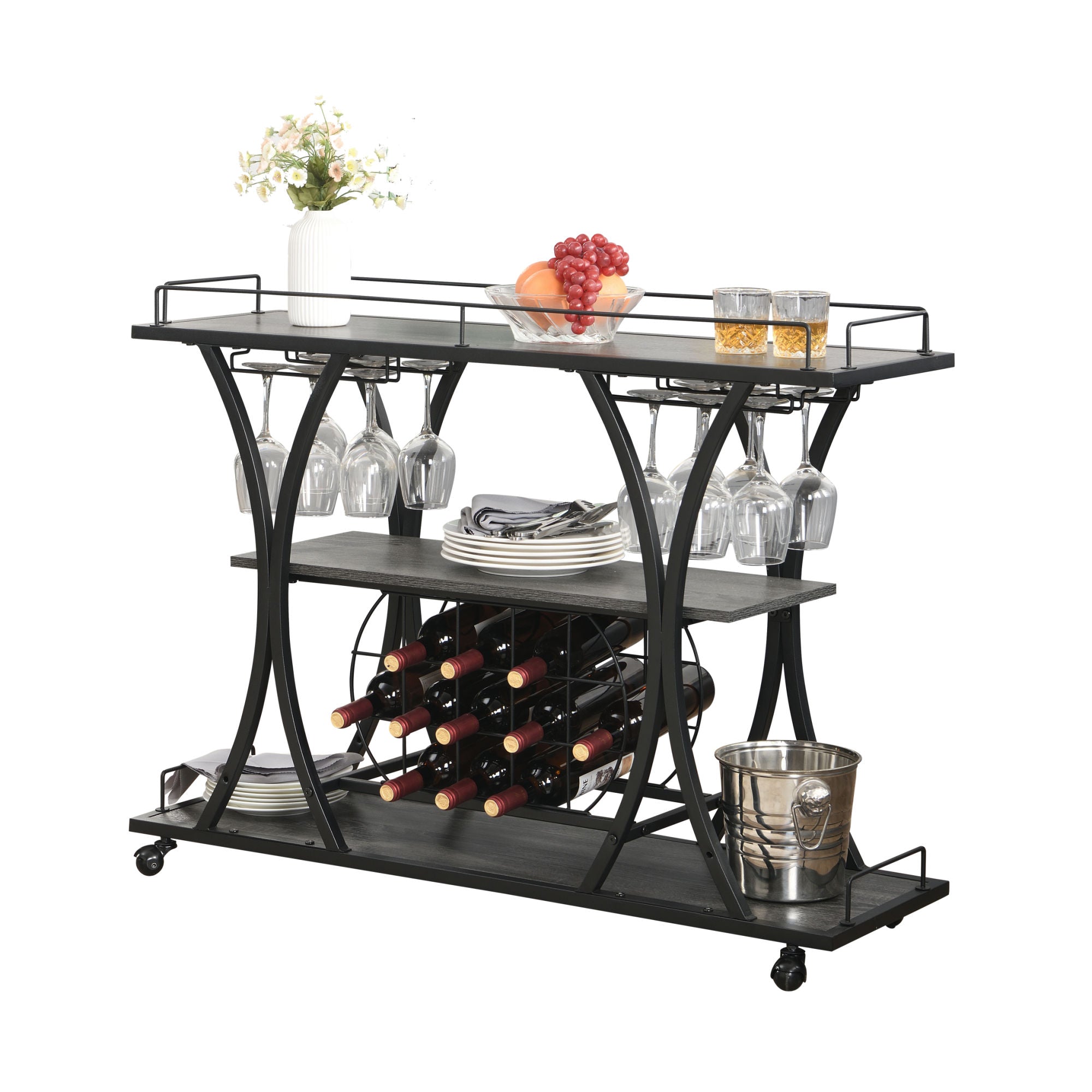 Industrial Bar Cart Kitchen Bar&Serving Cart for Home with Wheels 3 -TDobaDealsexpress.shopIndustrial Bar Cart Kitchen Bar&Serving CartHighlights
1. BOTTLE RACK AND WINE GLASS STORAGE: this bar cart features three levels for storing wine or placing trays,
with 11 bottles and16 wine glass racks.
2. M