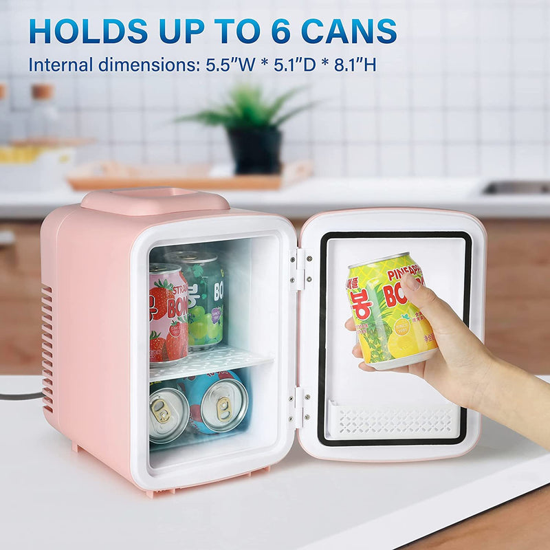 Simple Deluxe Mini Fridge, 4L/6 Can Portable Cooler & Warmer Freon-Free Small Refrigerator Provide Compact Storage for Skincare, Beverage, Food, Cosmetics, Pink