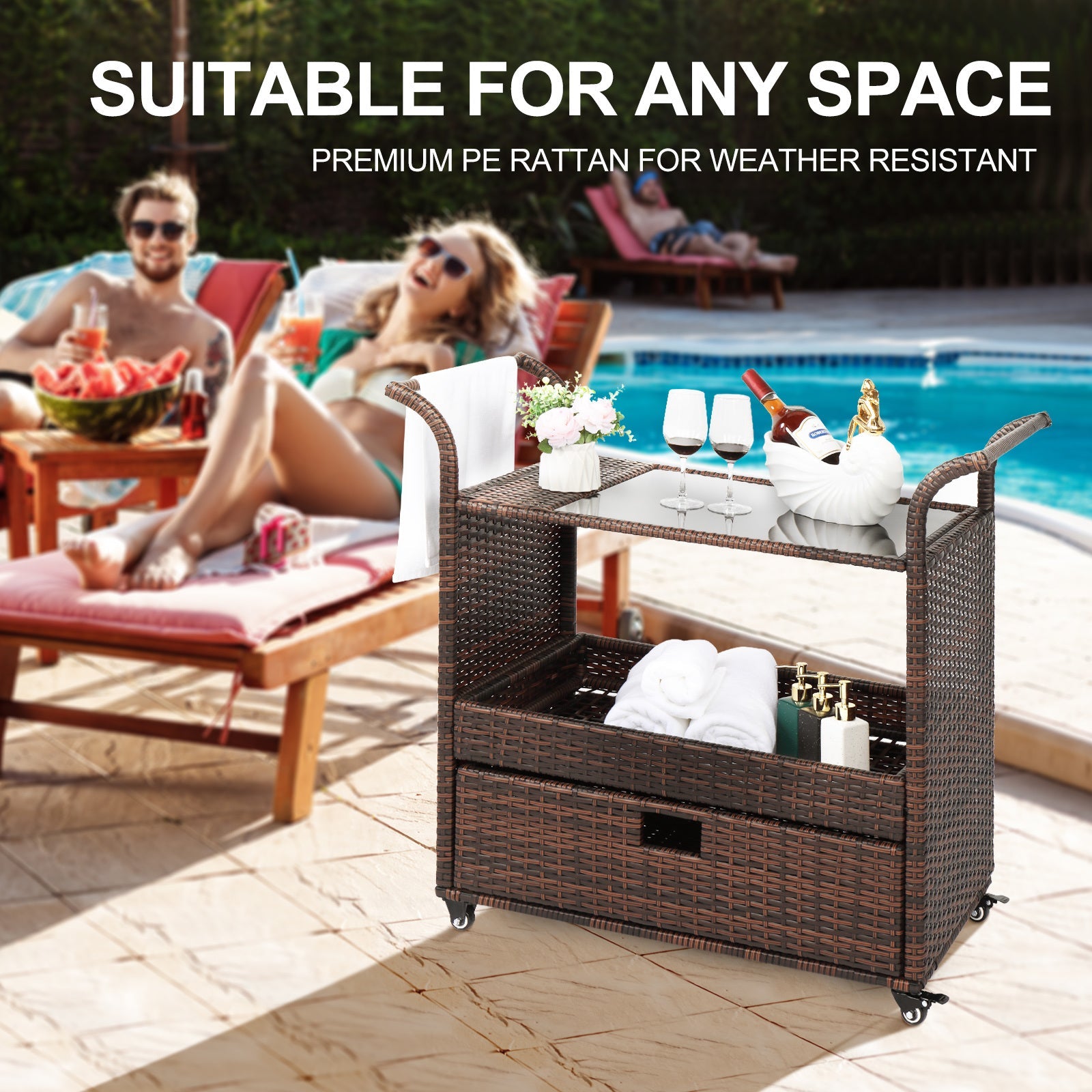 Outdoor Patio Wicker Rattan Serving Bar Cart Sideboard On Wheels XHDobaDealsexpress.shopOutdoor Patio Wicker Rattan Serving Bar Cart SideboardDetails
Introductions:This Outdoor Patio Wicker Rattan Serving Bar Cart with Ice Bucket Wine Rack Brown is a best choice for you. It's made of brown synthetic resin 